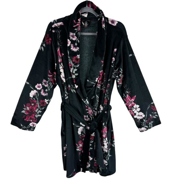 Nanette Lepore Black Floral Plush Soft Belted Bath Robe Pockets Size L - Picture 1 of 6